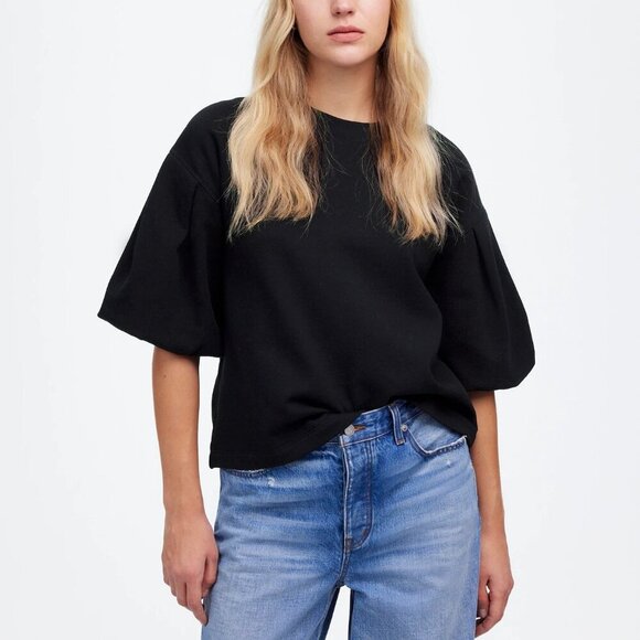 Madewell Puff-Sleeve Boxy Fit Cotton Blend Sweatshirt Tee Black Size XS NWT - Picture 1 of 9